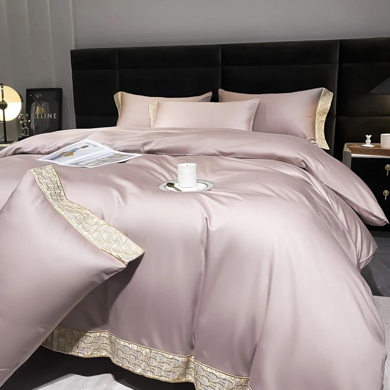 High End Pink Egyptian Cotton Bedding Sets Luxury Golden Letter D Embroidery Duvet Cover Bed Sheet Pillowcases Mattress Cover