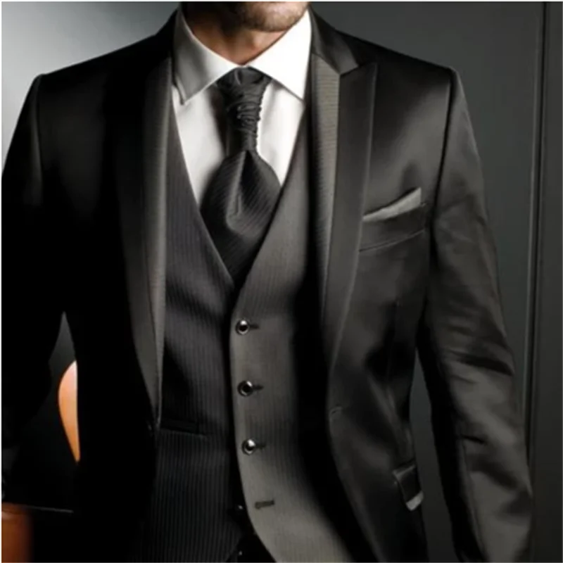 Custom Made Groom Tuxedo Shiny Black Groomsmen Peak Lapel Wedding/Dinner Suits Best Man Bridegroom (Jacket+Pants+Tie+Vest)