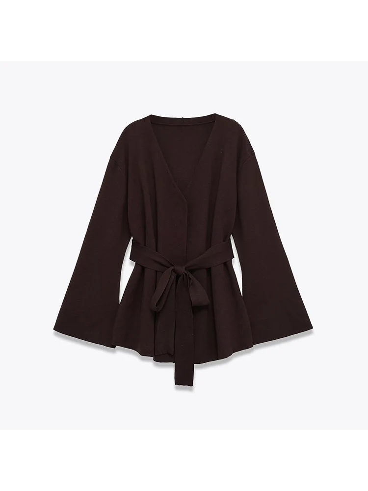 

European style new women's fashion versatile temperament solid color V-neck belt long-sleeved knitted jacket