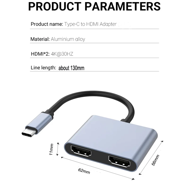 HUB USB 4K 30 Hz 2 w 1 typu C do 2 HDMI dla systemu Windows Macbook Pro/monitor/telewizor o wysokiej rozdzielczości/projektor/telefon komórkowy