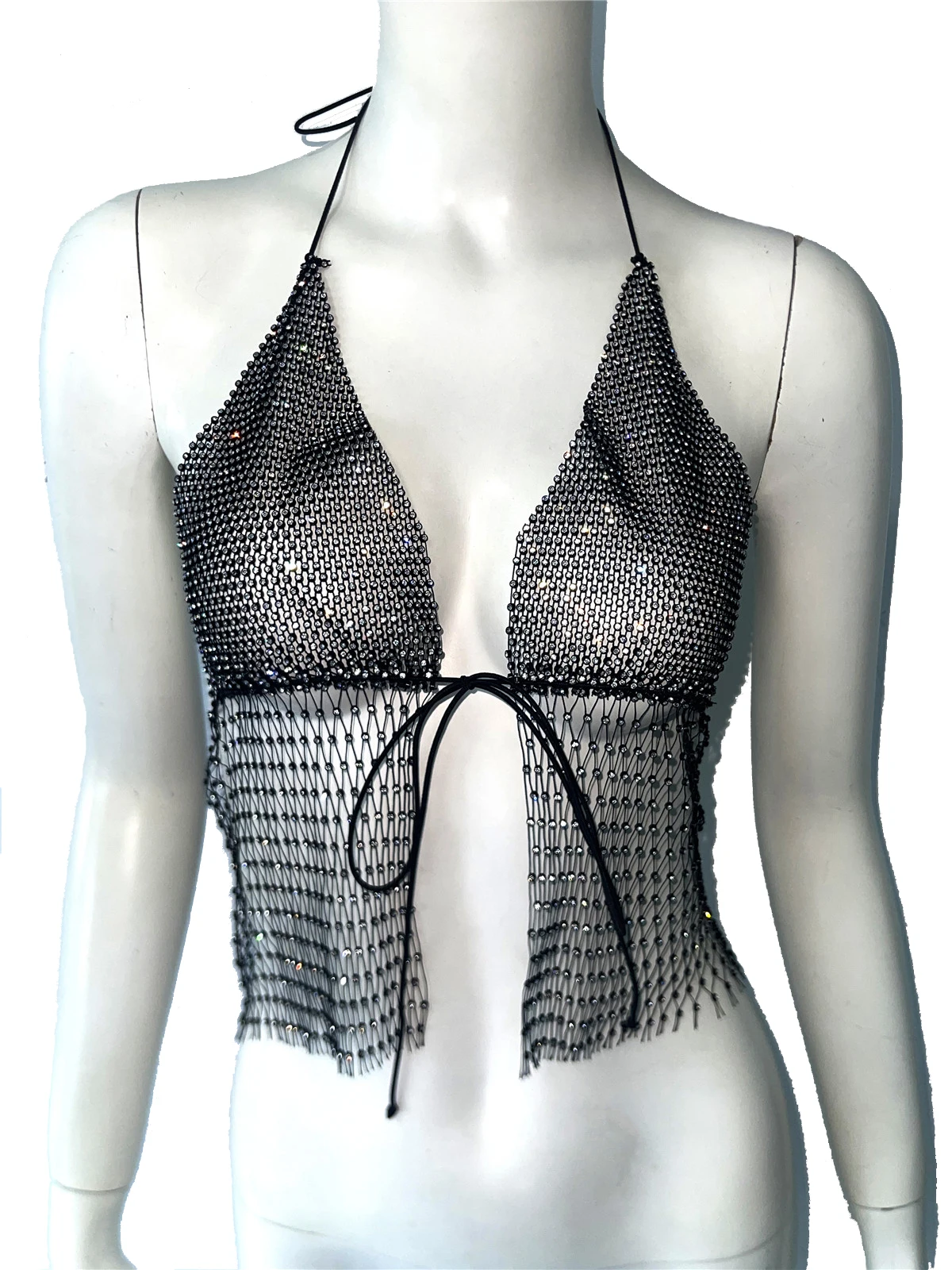 توب نسائي لامع مزين بالأحجار الكريمة، مثير بظهر مكشوف ورقبة هالتر على شكل V، توب قصير للحفلات والنوادي، كاميسول جديد لعام 2026