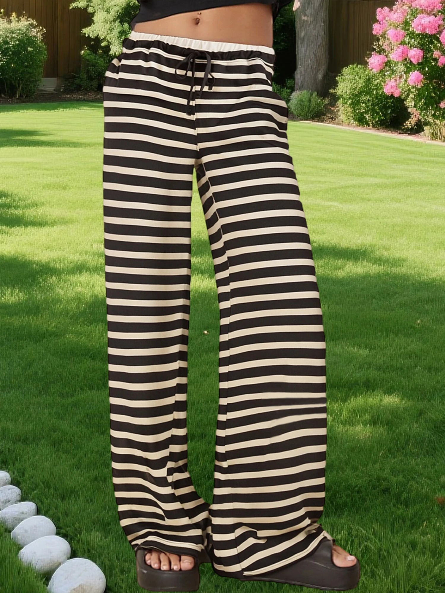 Gestreepte palazzo-broek voor dames met hoge taille, stijlvolle broek met wijde pijpen, tailleband en zijzakken
