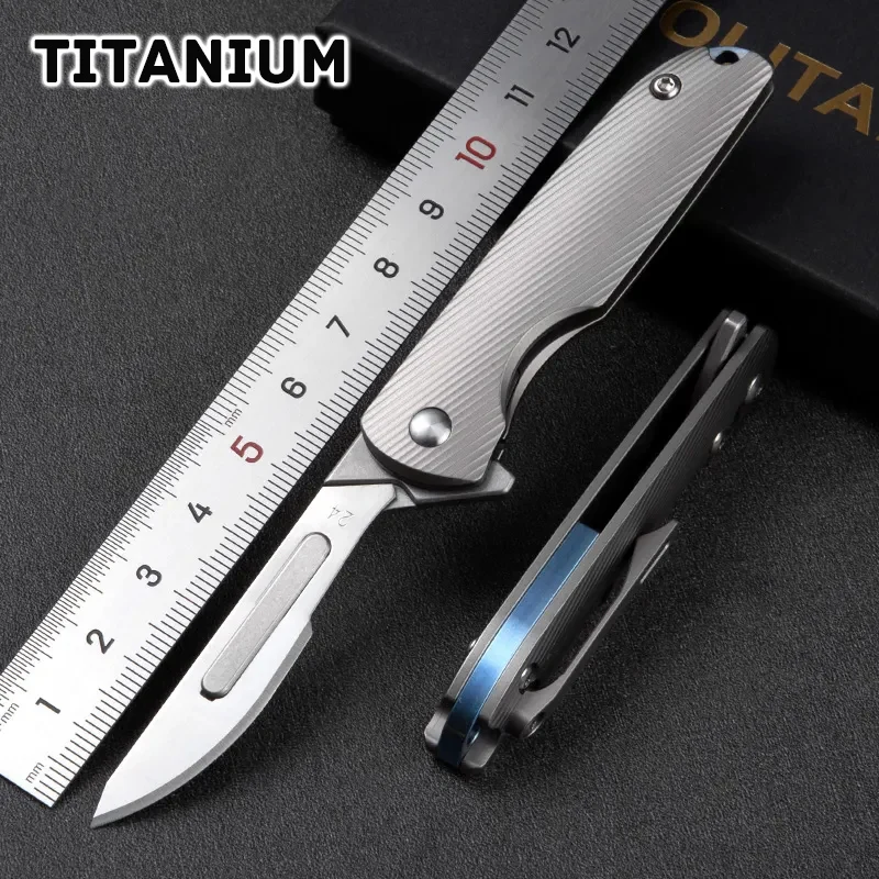 Titanium Quick Open Folding Knife Replaceable Carbon Steel Surgical Blade Camping Hunting Tactics Outdoor Survival Tool EDC Gift