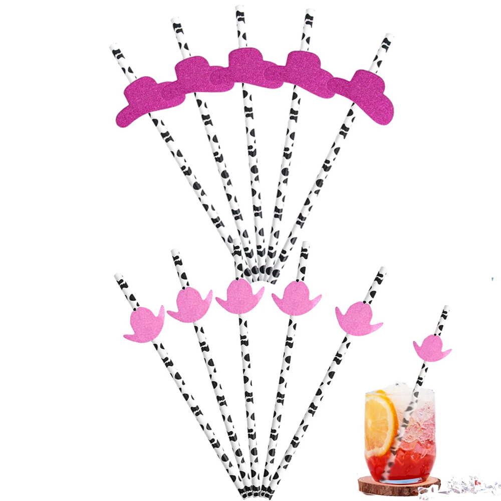 10/20szt Disco Cowgirl Dekoracje Słomki Western Cow Print Różowy Kapelusz Papierowa Słomka do Picia Last Rodeo Bachelorette Party Supplies