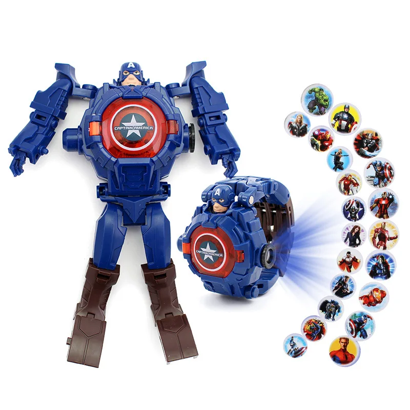 Disney Toys Watch Marvel Heroes Spiderman Captain America Iron Man Deformation Robot Electronic Projection Watch Children Gitfs