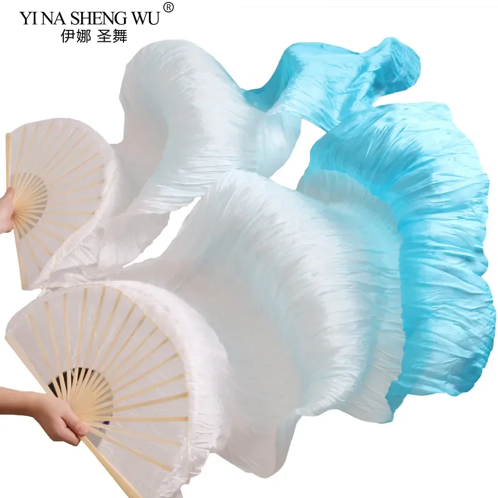 مبيعا 100% مراوح الحرير الحقيقي 1 زوج اليدوية مصبوغ للجنسين جودة الحرير مراوح الرقص الشرقي الرقص الدعائم الأبيض + الفيروز 5 أحجام #2