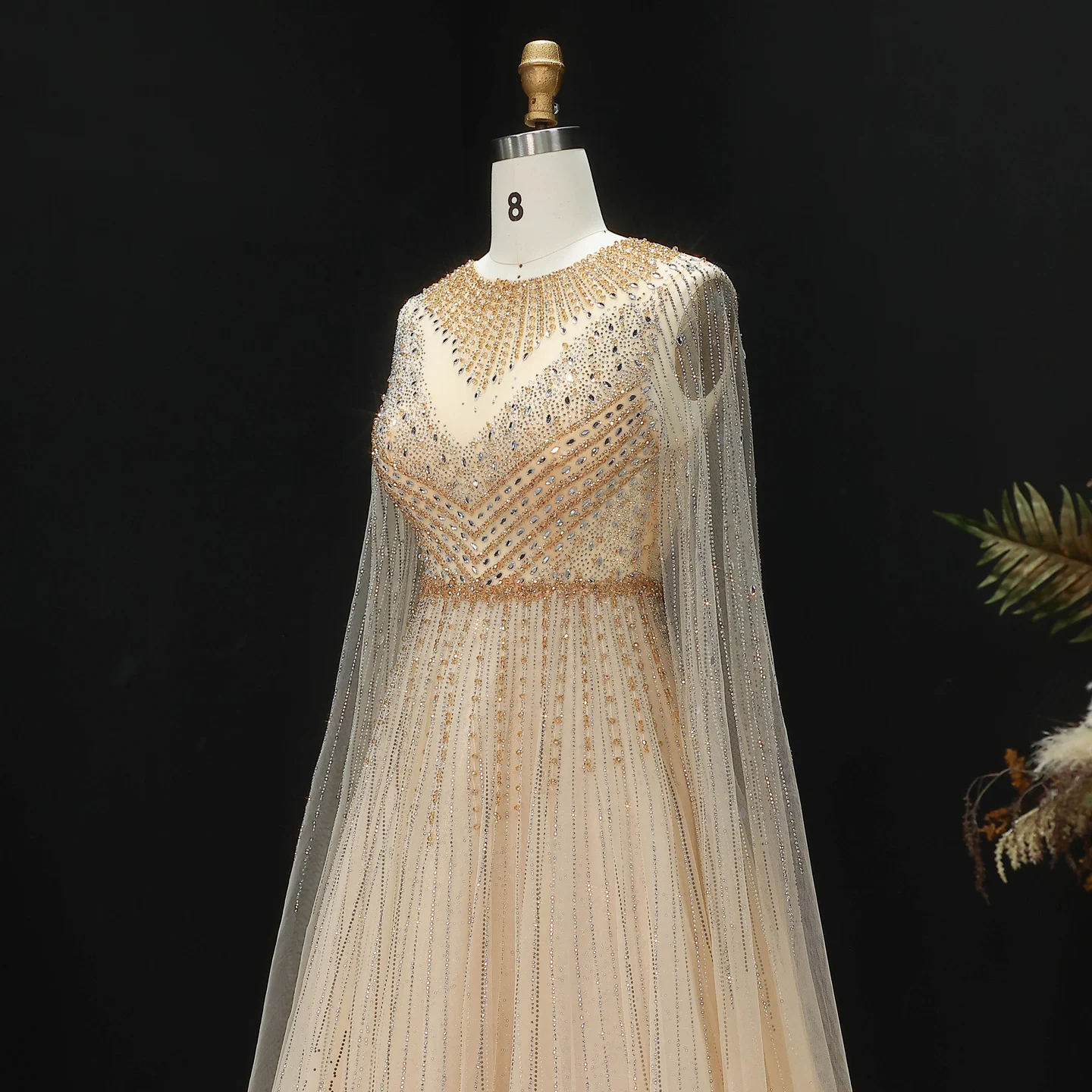Sharon Said Luxuriöse Dubai Perlen-Kristall-Tüll-Abendkleider Elegante Cape-Ärmel Formelle Ballkleider SS054 Maßanfertigung – Detail 21