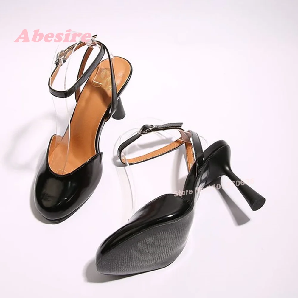 

Retro Slingback Thin Heels Sandals Round Toe Ankle Strap Buckle Women's Pumps Summer Strange Style Glossy Leather Shoes Sexy