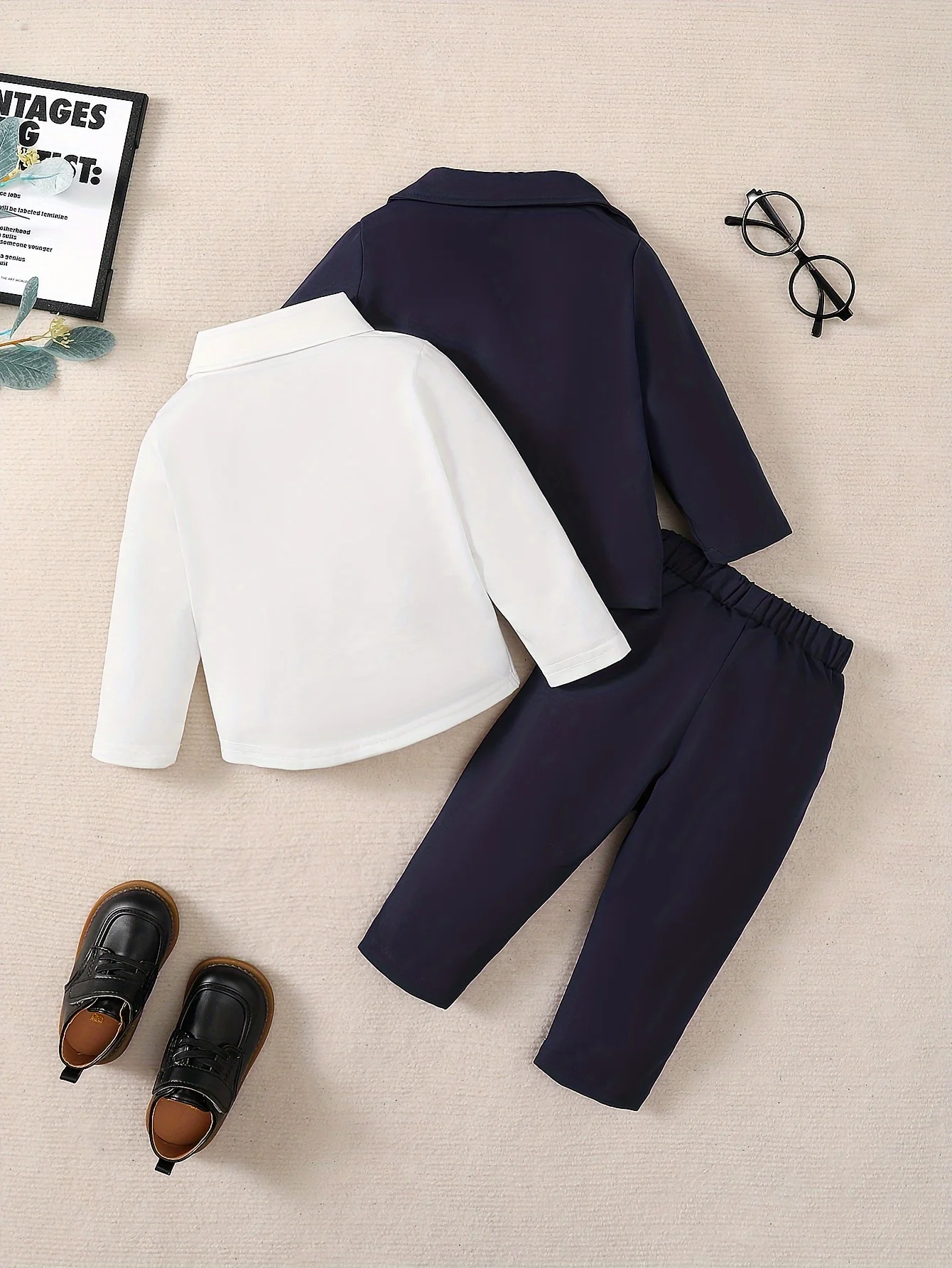 Autumn Suit Set, Boys' Navy Blue Simple Suit, Bow Tie Long-Sleeved Shirt Paired with Solid Color Dress Pants 3-Piece Set