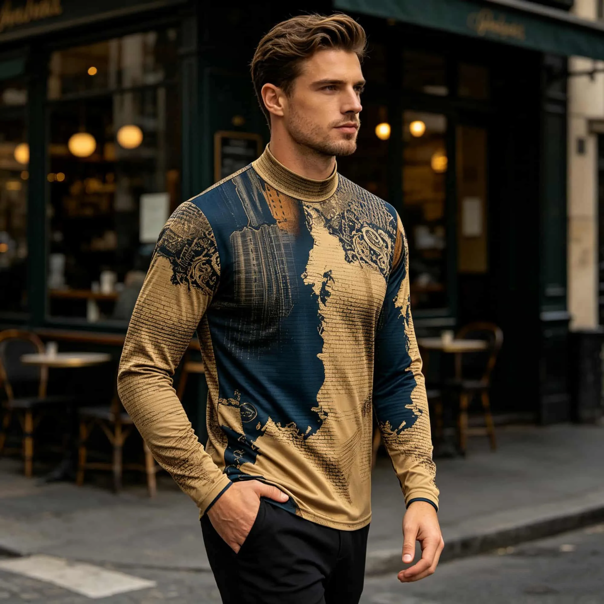 Retro Geographic Graphic Men Long Sleeve Pullover Distressed Texture Print Breathable Casual Street Fashion Shirt