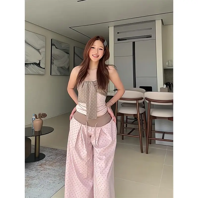 Women's 2PC Outfit: Polka Dot Print Strapless Bow Top+High Waist Loose Wide-Leg Pants, Slim Fit Sweet Set Spring Summer Autumn