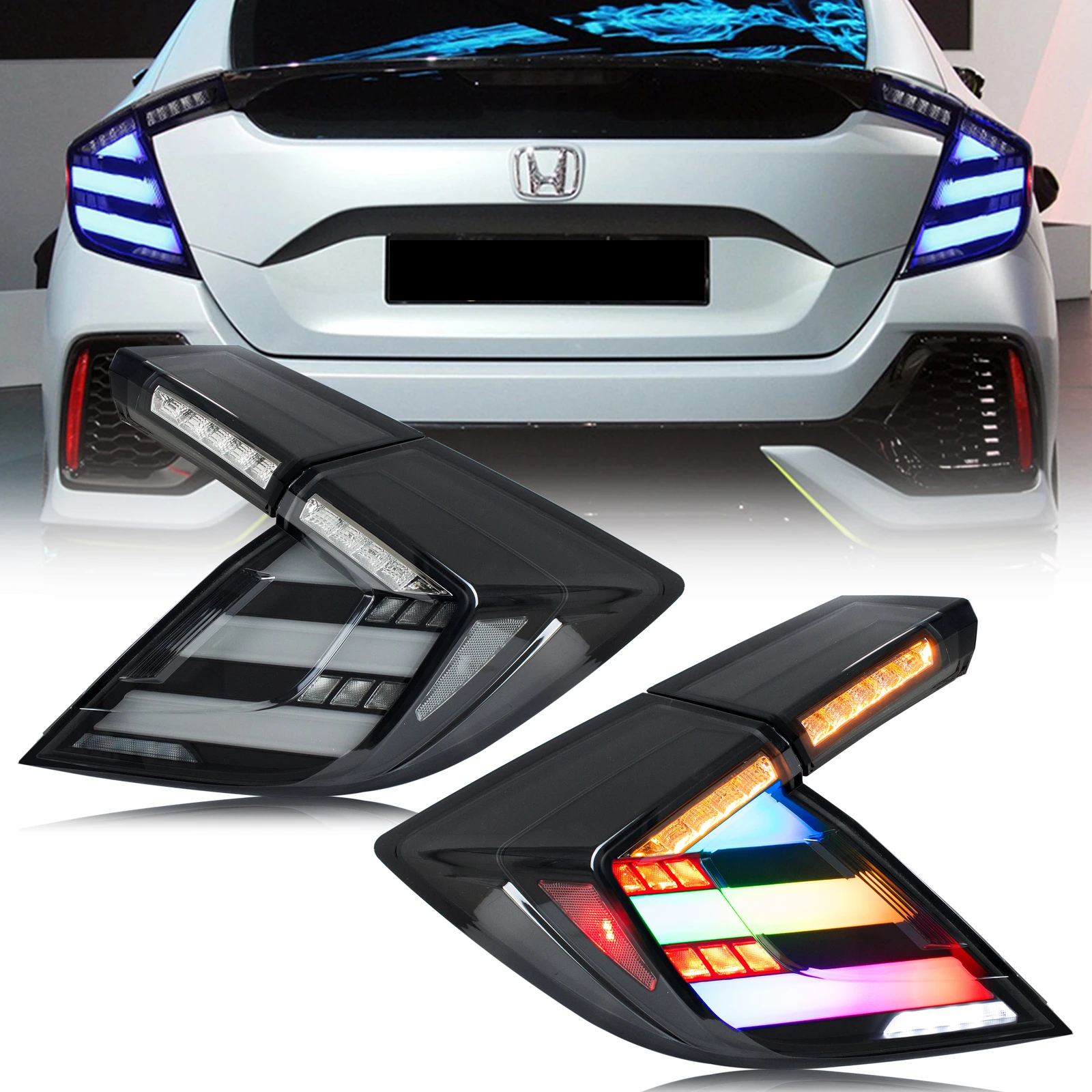 

LED RGB Tail Lights Assembly for Honda Civic Hatchback Type R 2016-2021 Sequential Turn Signal Trunk Rear Brake Lamps