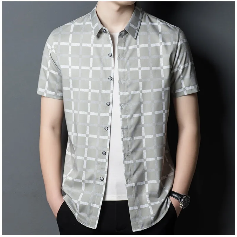 2023 Summer Turn-down Collar New T-shirt Men\'s Clothing Short Sleeve Plaid Jacquard Solid Button Slim Fit Casual Business Tops