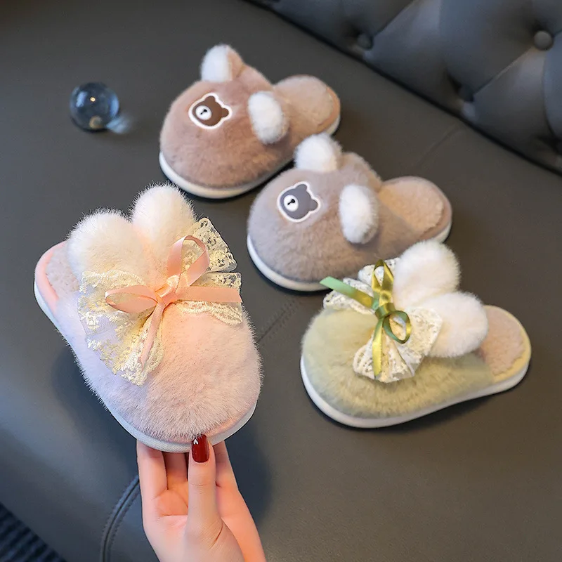 Winter Warm Fur Slippers For Kids Girls Thick-Soled Household Slippers Cute Bow Non Slip Soft Home Shoes Indoor Girl's Slipper