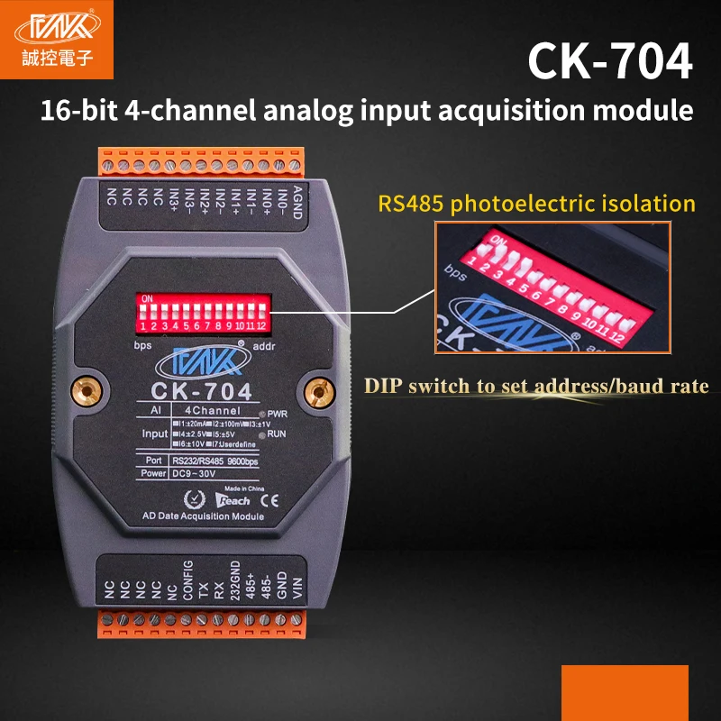 CK-704 4AI RS-485 Port Modbus RTU Protocol Analog Input IO Module with 4-20mA and 0-10V Modules