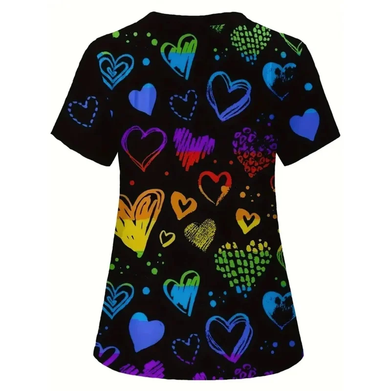 SummerVCollared heart-print women's dental workwearTShort-sleeved medical work shirt for clinical nursing
