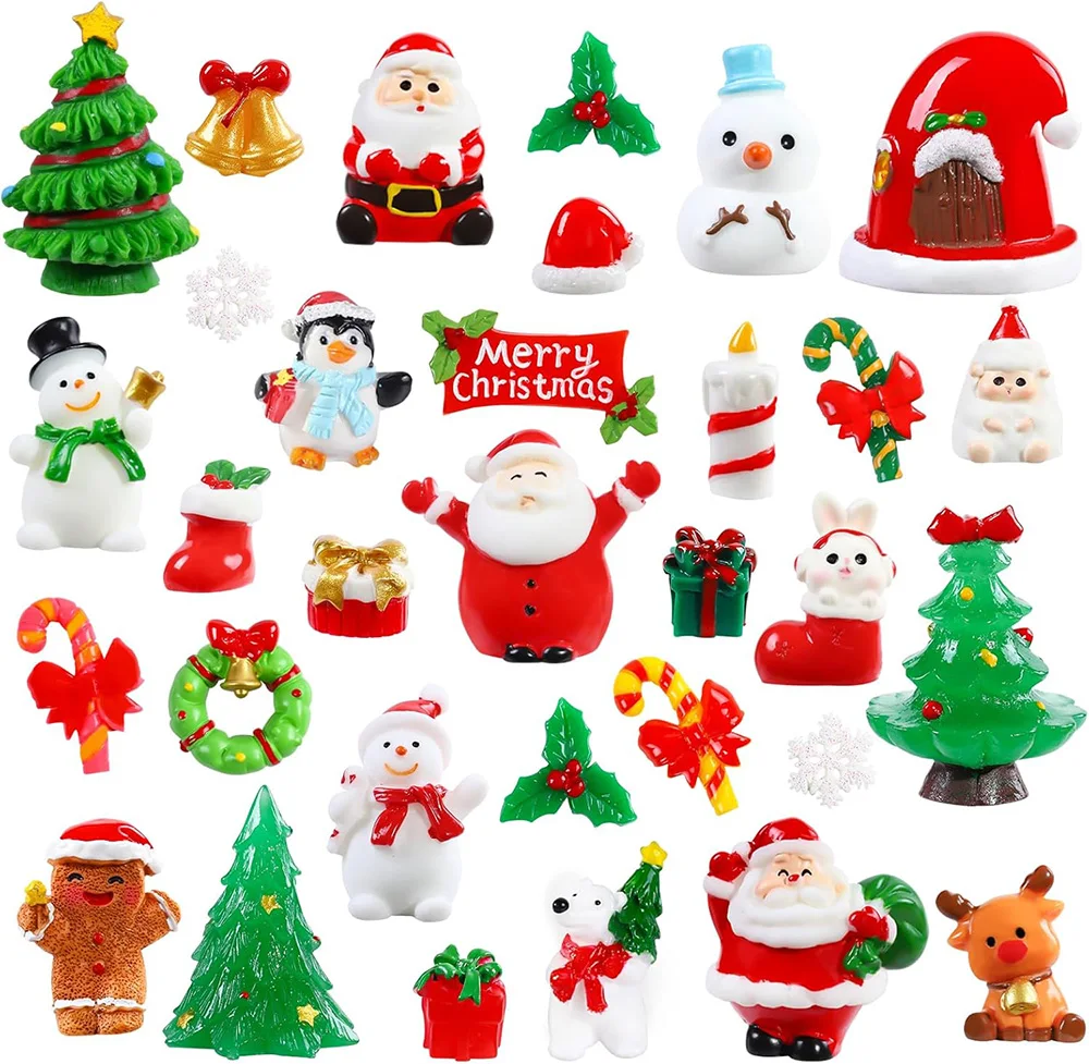 32Pcs Christmas Miniature Figurines Mini Small Xmas Resin Ornaments for Goodie Bag Fillers Holiday Party Favors Decorations