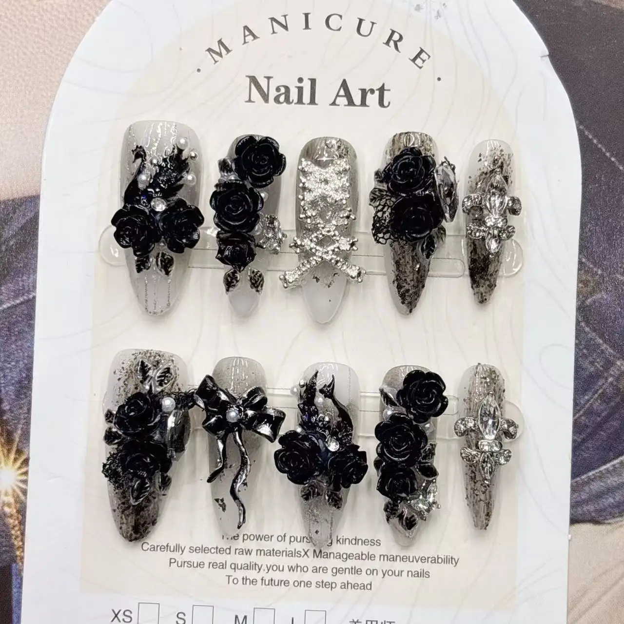 Gothic Dark 3D Black Rose Handmade Press‑on Nails Long Coffin Fake Nails With Snake Charm Black Bow Rhinestone Lace Decor Reusab