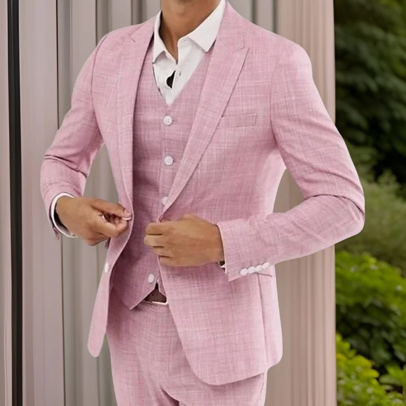 

Linen Wedding Suits for Summer Men Slim Fit Fashion Bridegroom Tuxedos Custom 3 Pieces Pink Fashion 2024 (Jacket+Pants+Vest)