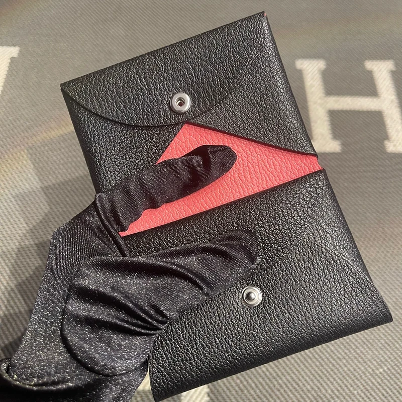 Genuine Leather Goat Skin Key Holder Coin Purse ID Document Pouch Luxury Business Card Holder Caliv Duo Short Wallet