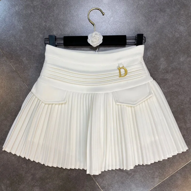 Women's Skirt 2024 Summer Fashion High Waisted White Metal D-pendant Decor Casual Temperament Pleated A-line Skirt With Lining