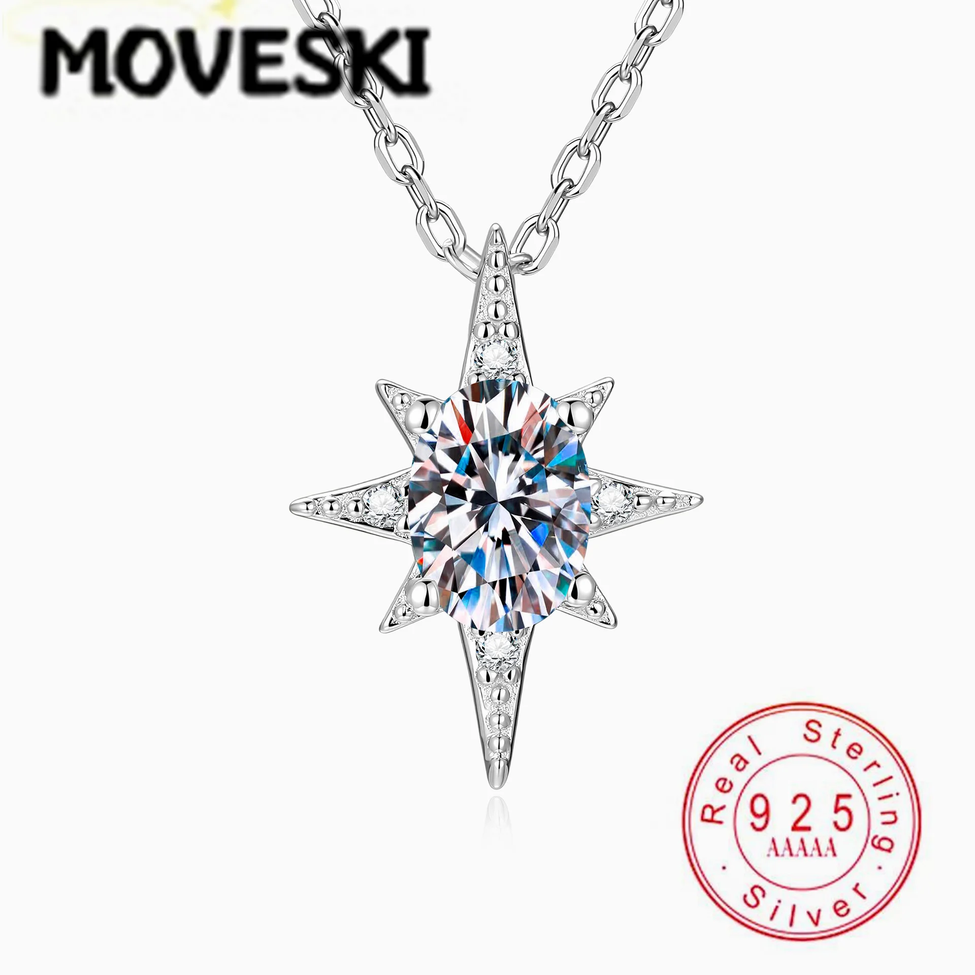 

S925 Sterling Silver 1CT Moissanite North Star Pendant Necklace for Women, D Color VVS1 Brilliant Cut, Fine Jewelry Gift