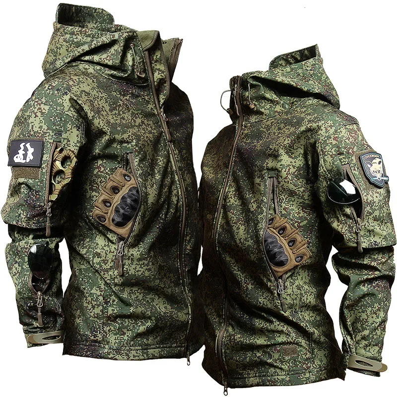 Winter Thicken Men Camo Suit Waterproof Tactical Training Set Multi-pocket Hooded Jacket Fleece Pants Outdoor Hunting suit