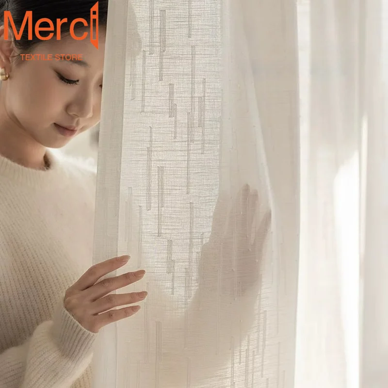 French Jacquard Tulle White Linen Texture Curtains for Living Dining Room Bedroom Transparent Light Not Transparent People Decor
