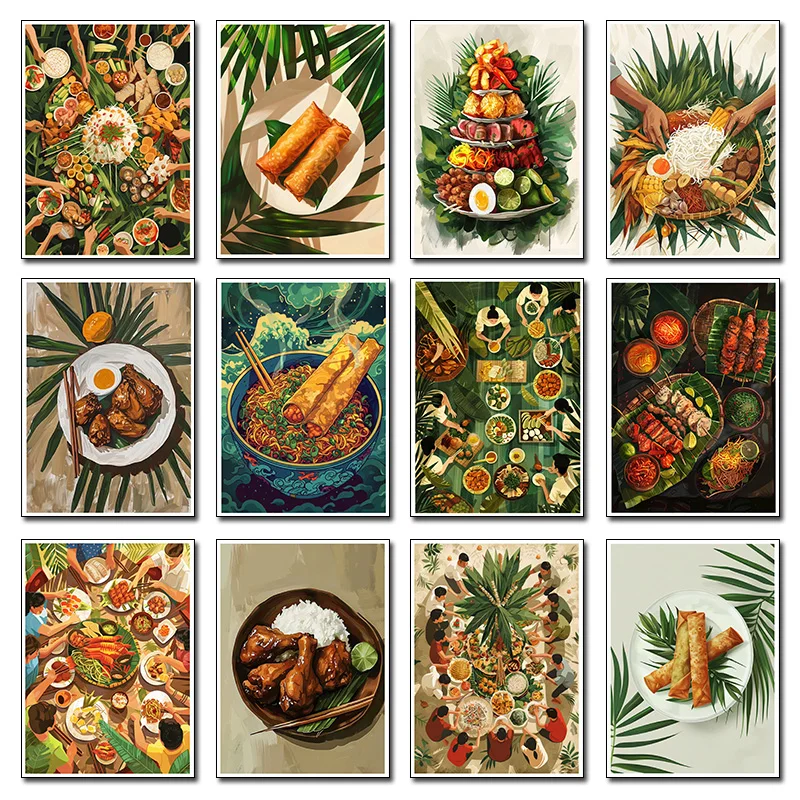Comida callejera de Filipinas, Rollitos de primavera fritos, Muslos de pollo, Pósteres de arte de arroz, Pintura en lienzo, Cuadros de pared, Decoración para el hogar