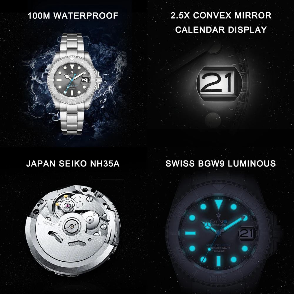 CADISEN Men Mechanical Watches Sapphire Luxury NH35 Automatic Watch Yacht-Master Swiss bgw9 Ice Blue 40mm Stainless Steel 100m