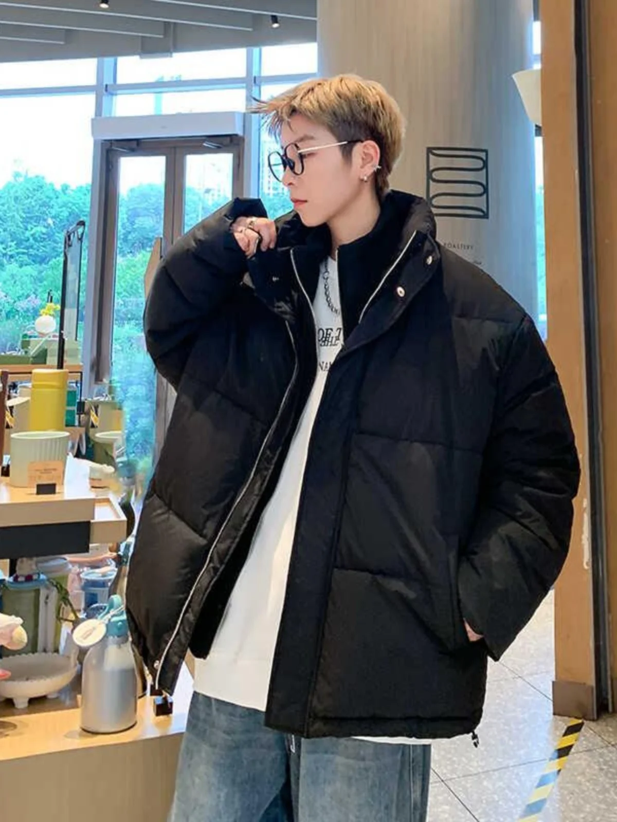 

Trendy Korean Sle Men's Cotton Jaet Loose Fit Warmth Double Zipper Design Casual Outerwear Faion Urban Sle