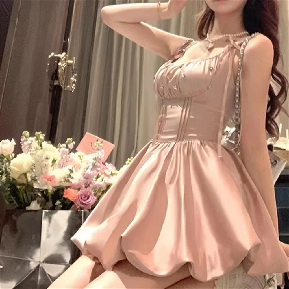 Sweet Elegant Pink Fishbone Suspender Dress for Women's Summer High Waist Lace Up Backless Party Dress Bud Short Bubble Dresses