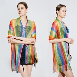 2023 New European and American Style Sexy Rainbow Stripe Long Beard Sunscreen Shawl Scarf Beach Sunscreen Scarf Versatile