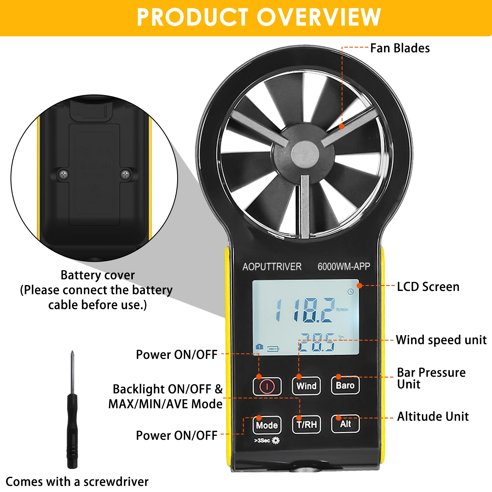 6000WM Digital Wind Speed Meter with Multi-Unit,Barometric Pressure Measurement,Tripod Mount & Hand Strap for Outdoor Use