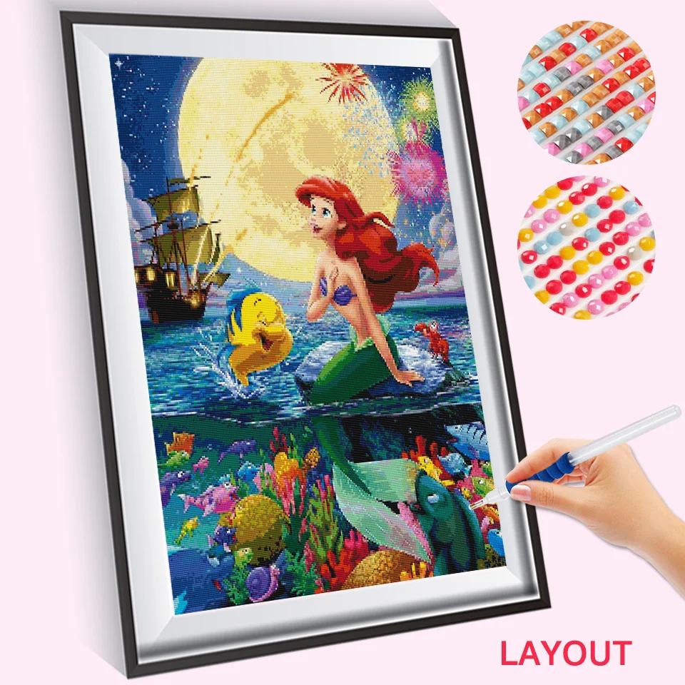 Disney Full Diamond Embroidery Mermaid Princess Beaded Mosaic Cartoon Painting Ocean Picture Of Rhinestones Handmade Gift