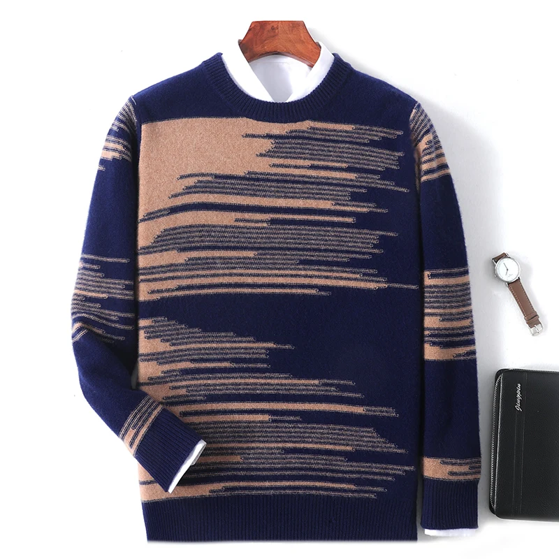 

Autumn And Winter New Men's Round Neck Contrast Thick Sweater Loose Casual 100% Wool Knitted Bottoming Shirt