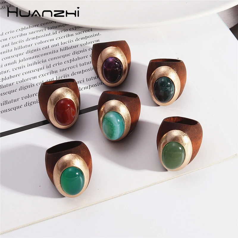 HUANZHI Natural Stone Wood Oval Metal Big Ring for Women Exaggerated Chunky Vintage Geometric Jewelry 2023 New