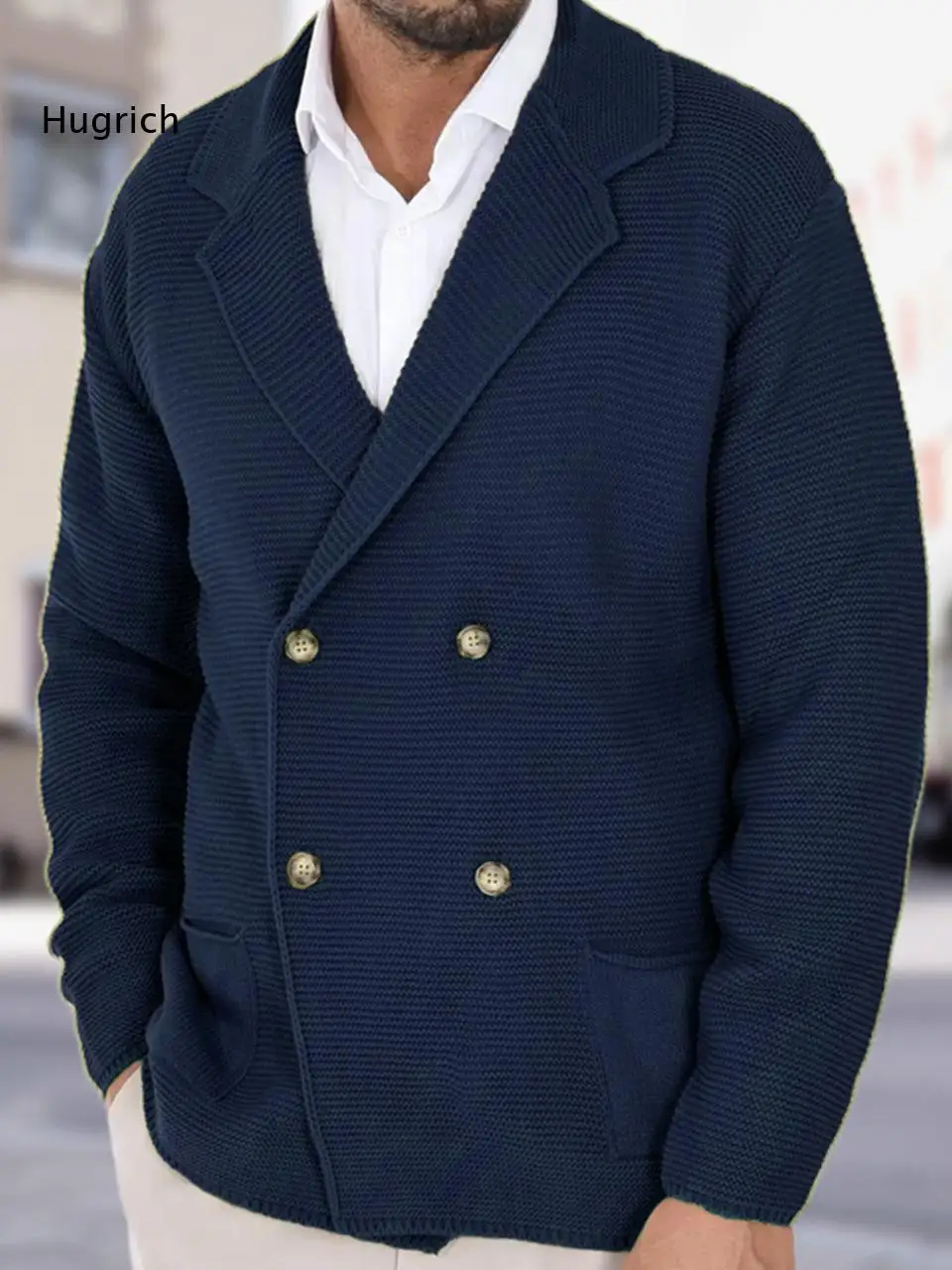 Men Casual Double Breasted Knit Cardigan Blazer Notched Lapel Long Sleeve Knitted Jacket with Pockets