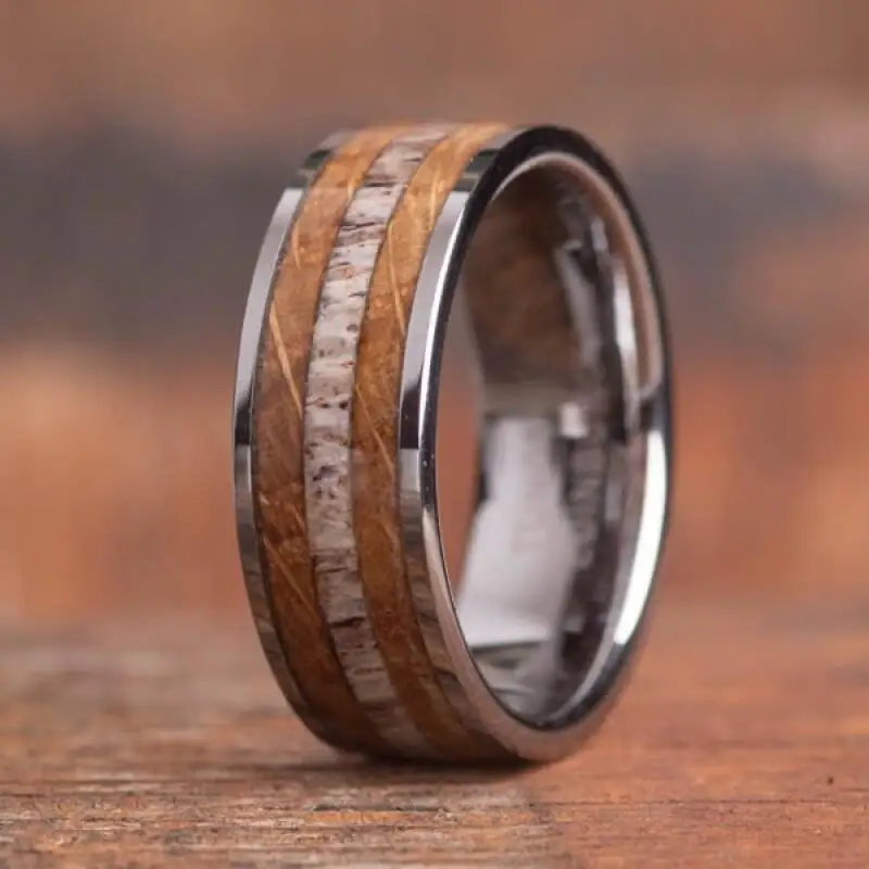 

Wood Grain and Synthetic Antler Inlay Ring,Fashion 8mm Silvery Stainless Steel Ring, Wedding Ring, Comfort Fit Jewelry Gift