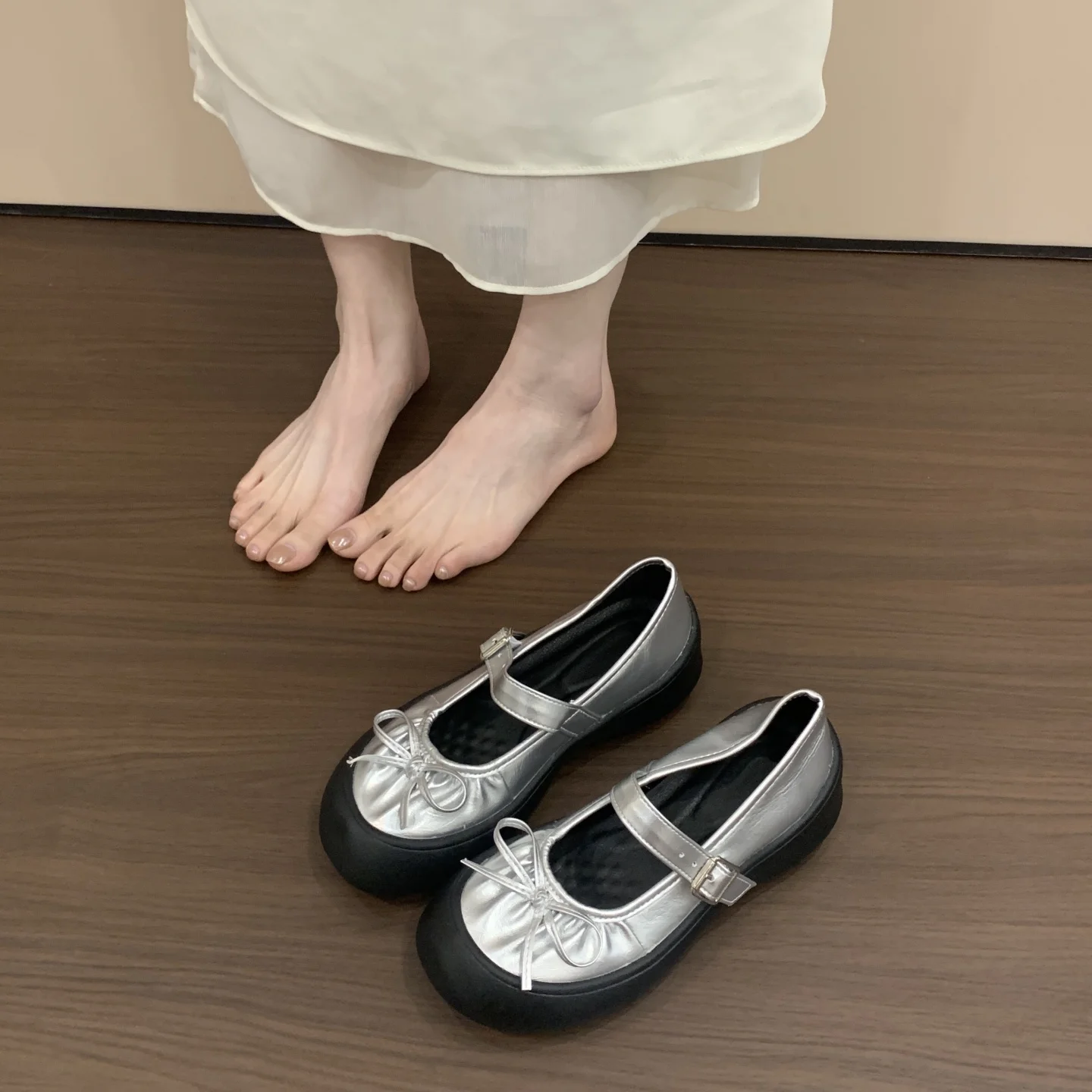 

Женская летняя уличная одежда в стиле ретро с юбками, туфли на плоской подошве с круглым носком, полиуретановый французский узлик-бабочка, туфли Мэри Джейн на толстом каблуке