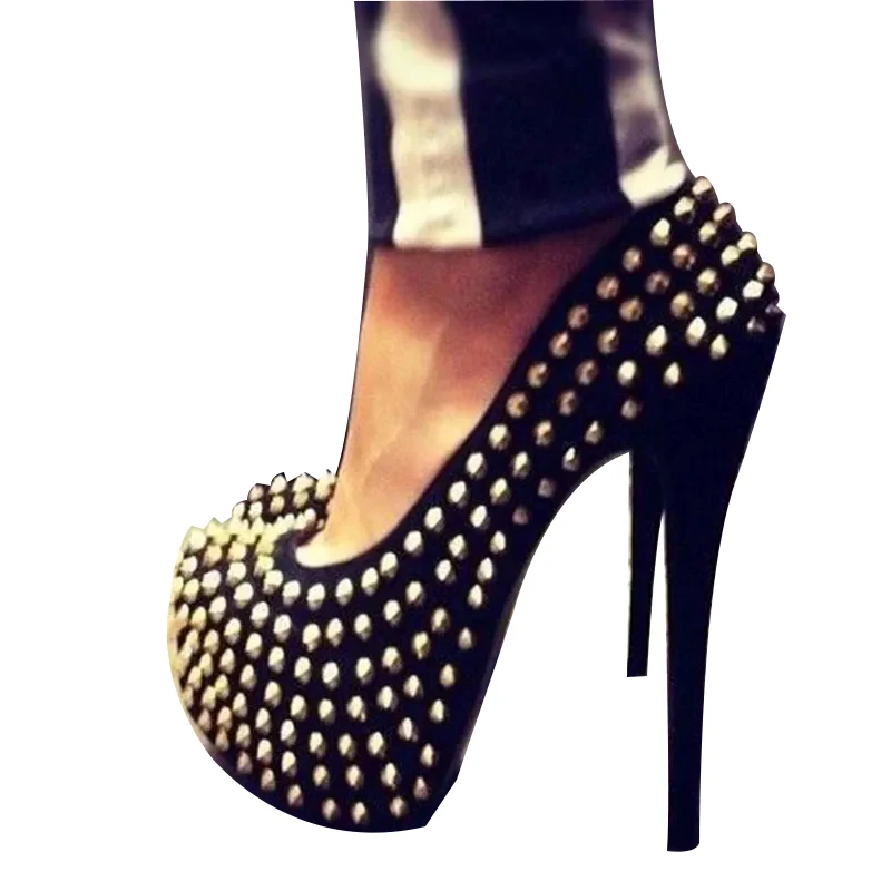 

SHOFOO Fashionable women's high heels. Black suede. Round toe shoes. Rivet shoes. 14-16cm heel height. Fashion show banquet shoe