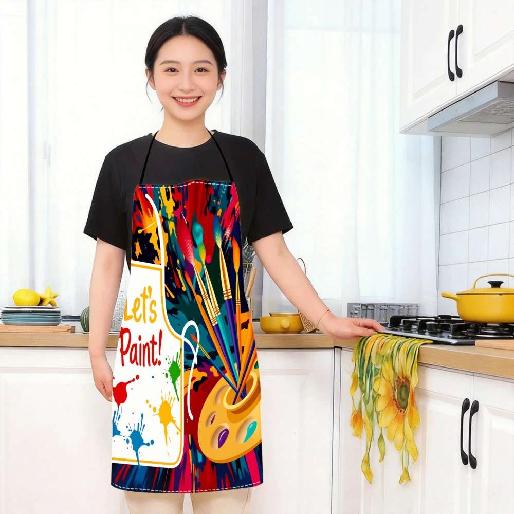 1pc Colorful Artistic Apron With Paint Palette And Brush Design Let's Paint Text For Kitchen Cooking Painting Craft Activities