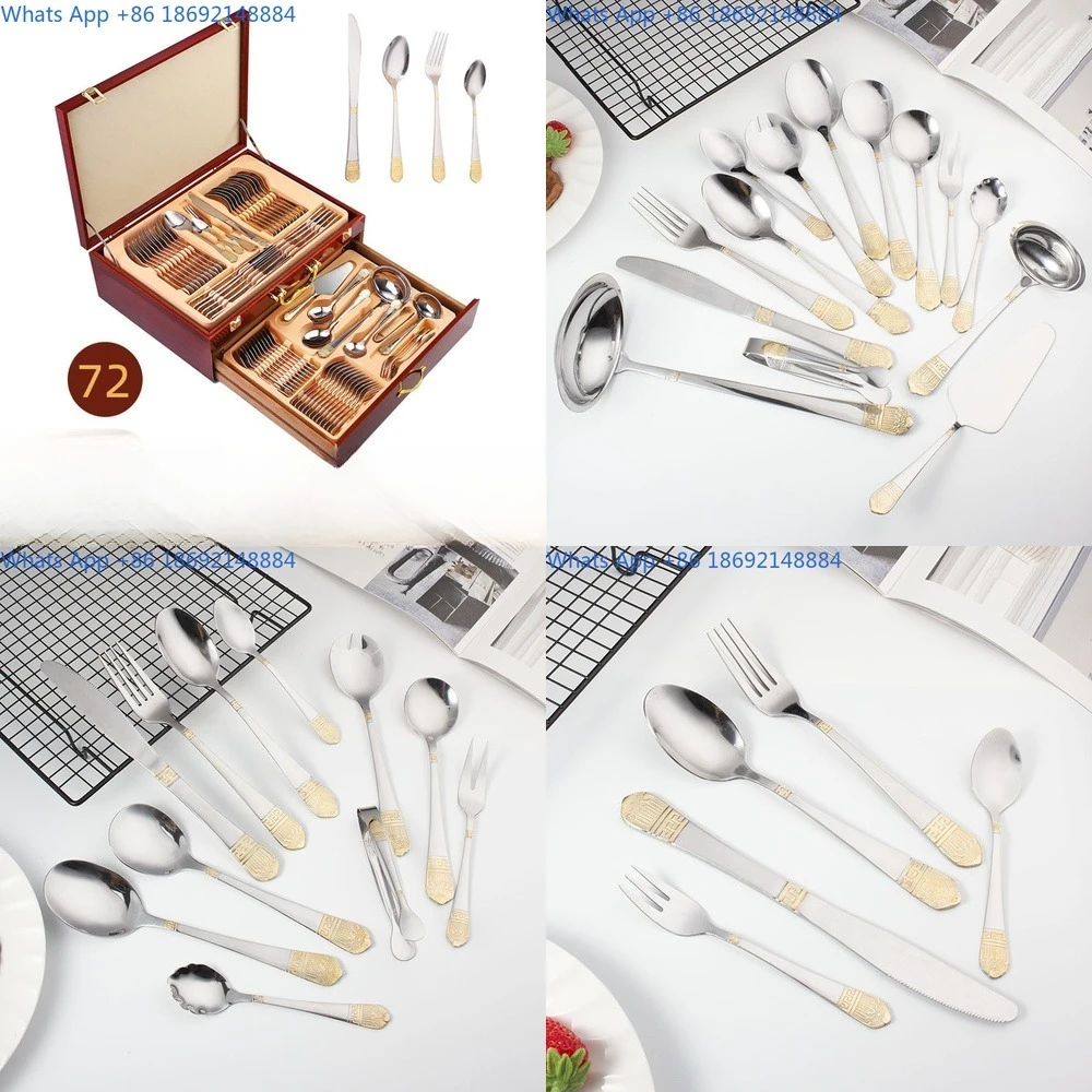 

Stainless Steel Cutlery Set 72 Pcs Gift Box Crown Design Dinnerware 84 Piece Gold Plated Flatware Collection