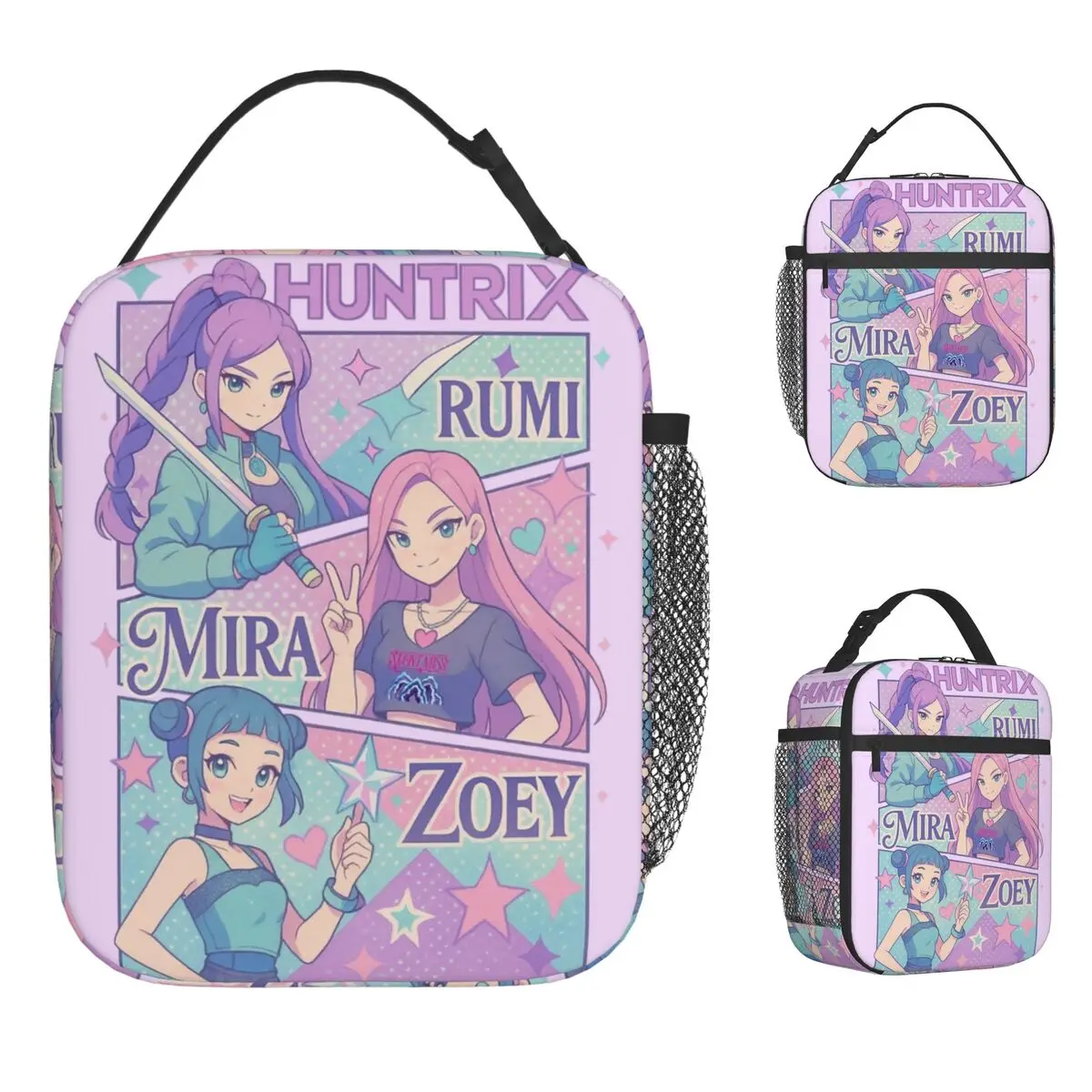 Huntrix Girls Kpop Demon Hunter Rumi Mira Zoey Retro Lunch Bag Picnic Lunch Box For Adult Kawaii Thermal Lunch Bags Cooler Bag