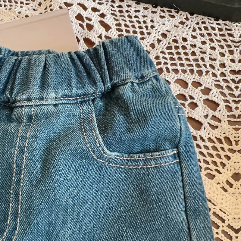 Children's Bowknot Print Jeans New Spring Autumn Girls' Fresh Retro Sweet Loose Wide-leg Pants