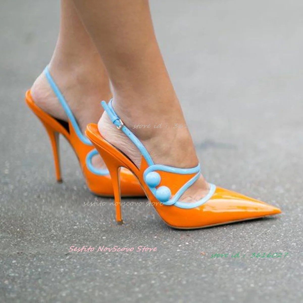 

Pointy Toe Orange Sandals Stiletto High Heels Instep Straps Buckle Multi Color Pumps Back Strap Summer Sexy Women Shallow Shoes