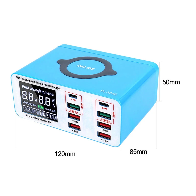 RELIFE RL-304S AC100-240V 8 Port USB szybka ładowarka wsparcie QC3.0 + PD bezprzewodowe ładowanie dla iPhone Samsung Huawei telefon Repair Tool