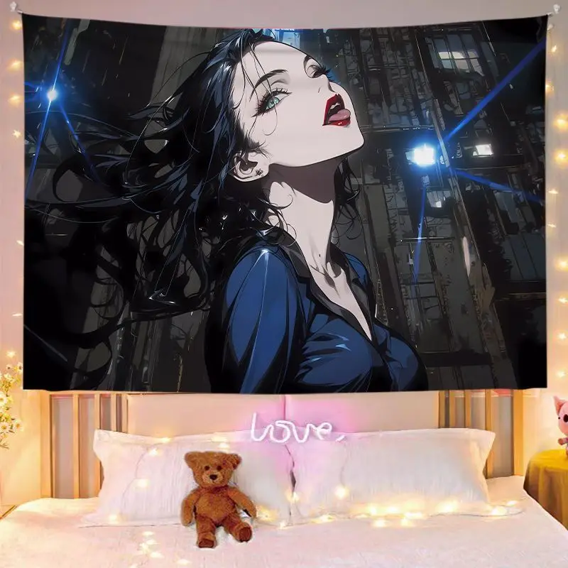 VIKAMA Black White Line Drawing Anime Girl Bangs Decorative Wall Tapestry Home Art Room Decor Bedroom Dorm Gothic Cool Soft Cozy