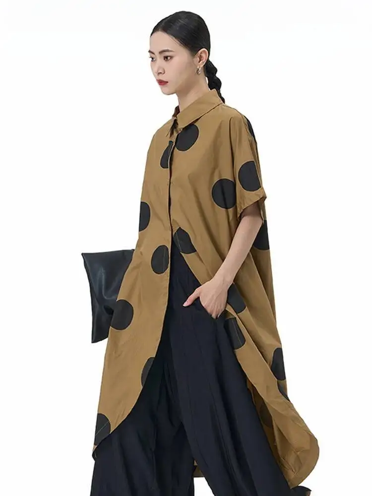 

Women Khaki Dot Printed Big Size Long Casual Blouse New Lapel Short Sleeve Shirt Fashion Tide Spring Summer