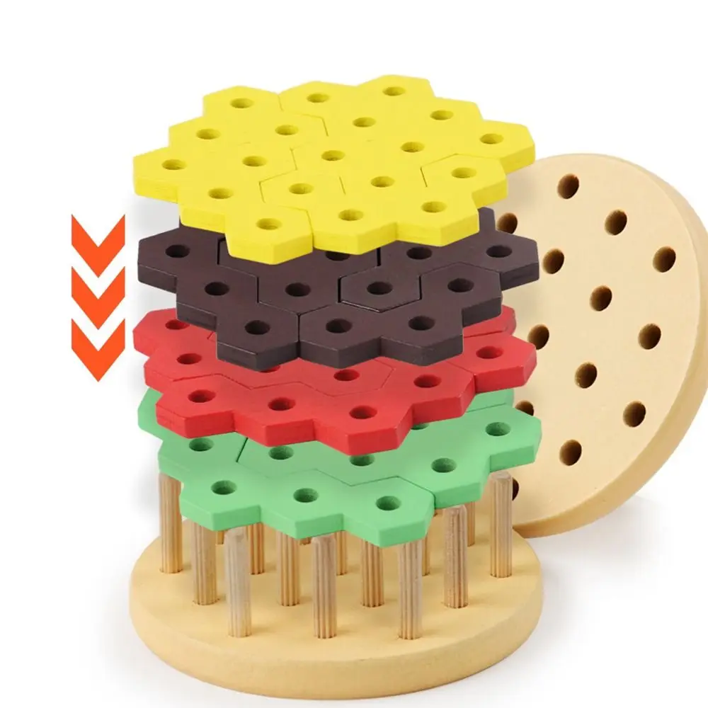 Kreative 3D Burger Puzzle Spielzeug Sechseckige Hülse Spalte Farbe Erkenntnis Hamburger Puzzle Gebäude Spielzeug Geometrische Form Holz Blöcke